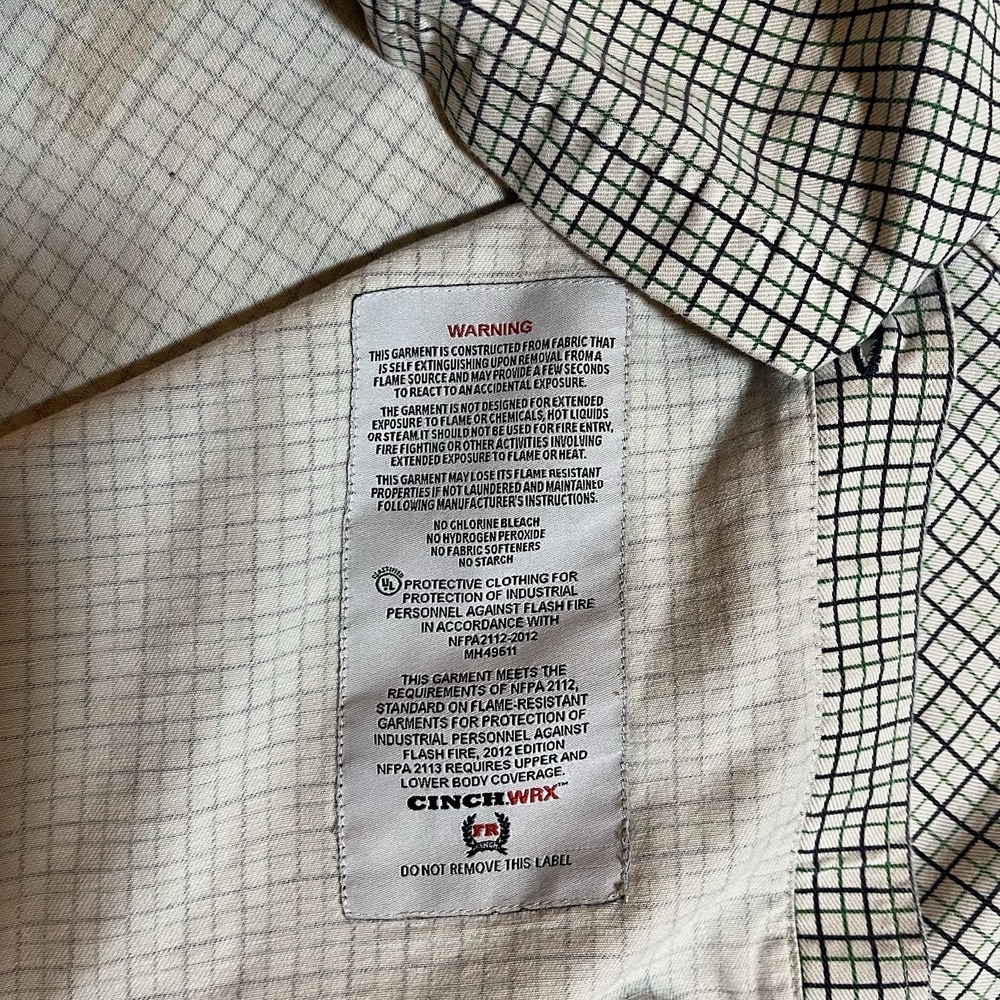 Cinch WRX FR Shirt Mens Large Green Blue White Plaid Check Western Work FLAW* - Picture 11 of 12